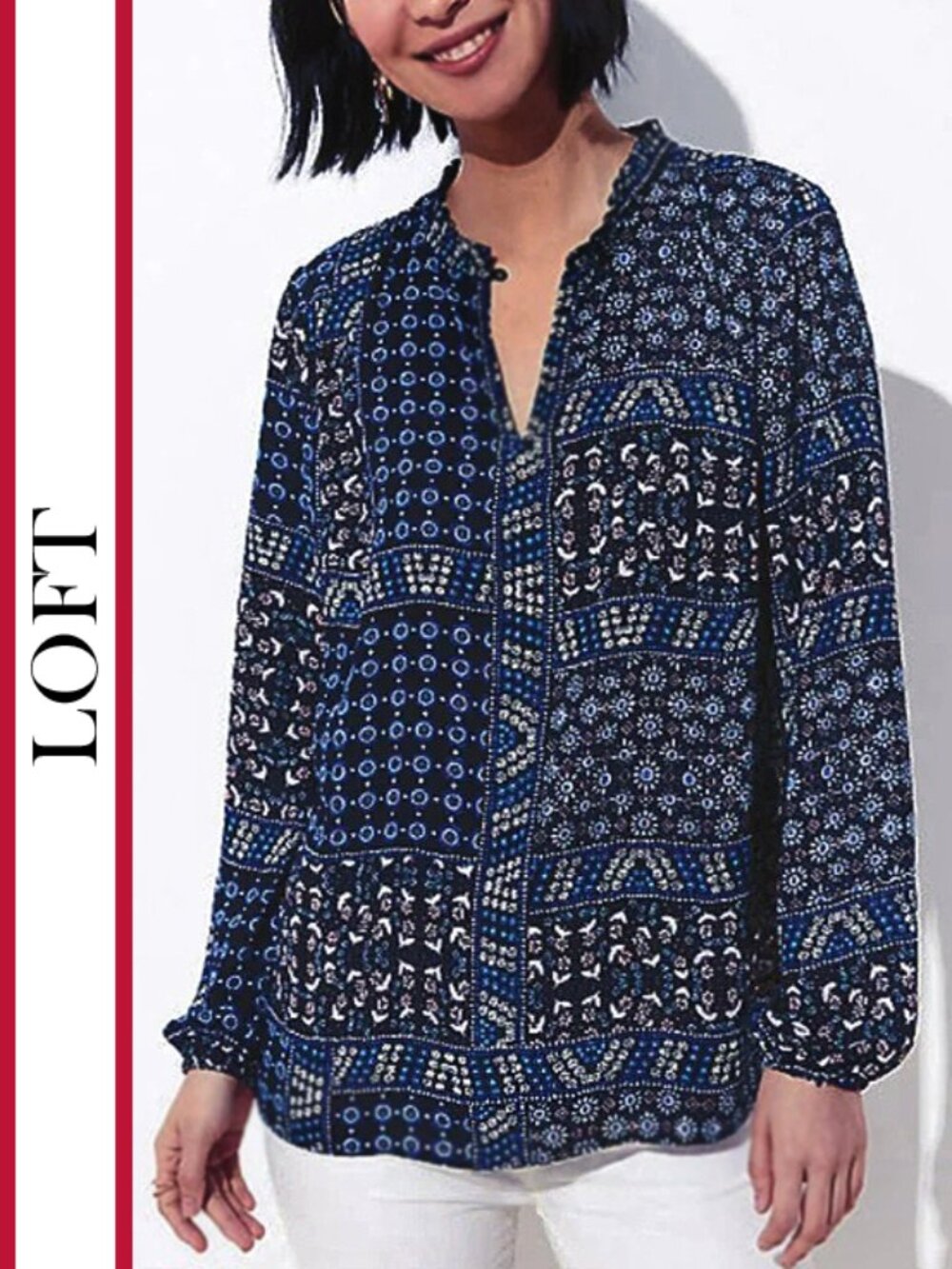 Loft | 'Mosaic' Printed Ruffled Collar Blouse Top